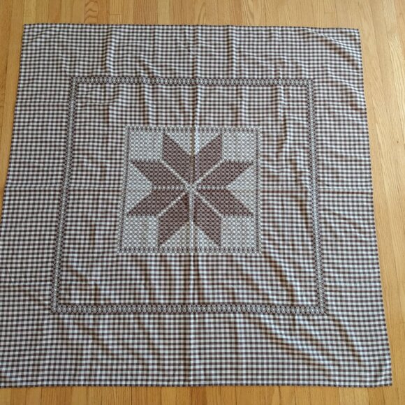 Vintage Brown Gingham Tablecloth Star Hand Stitched Cottagecore Farmhouse Decor - Picture 2 of 10